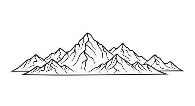Stylized line art depicts a range of jagged mountain peaks