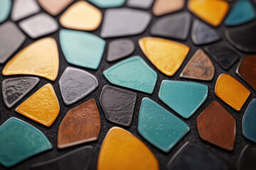 Fototapeta premium Colorful mosaic design featuring various shapes and textures in shades of blue, orange, and brown, creating vibrant and artistic surface