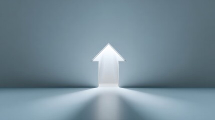 Fototapeta premium Minimalist upward arrow shape illuminated with a soft light, symbolizing progress, direction, and positivity in a clean, modern setting.