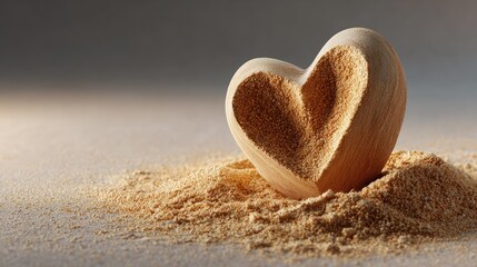 Fototapeta premium Heart-Shaped Wooden Sculpture Surrounded by Fine Sand Pile on Soft Background for Conceptual Art and Nature Designs