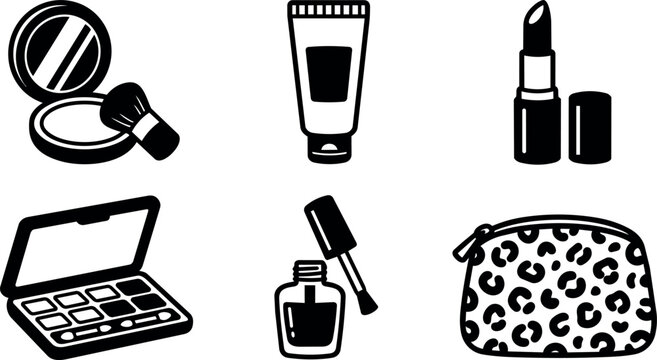 Black and white makeup set with cosmetic powder brush lipstick nail polish and leopard print pouch