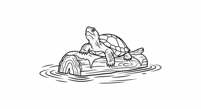 A simple line drawing of a turtle resting on a log in water