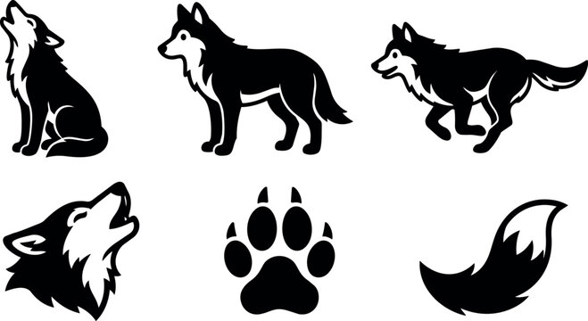 Black and white silhouette of howling and walking wolves with paw and tail icons