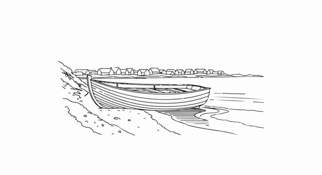 A simple line drawing shows a rowboat beached on a sandy shore with a village backdrop
