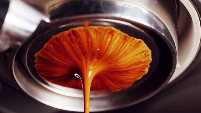 Espresso flowing almost evenly from bottomless portafilter with visible crema fan, high pressure causing water drops from gasket, macro slow motion view of near correct extraction