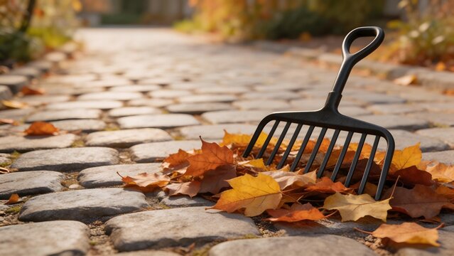 Rake and autumn leaves on cobblestone path
