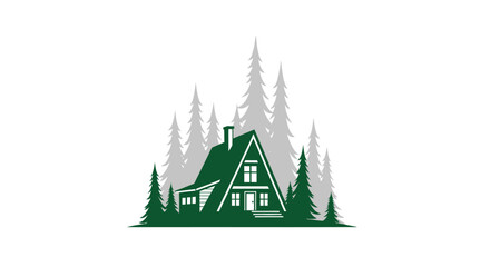 Obraz premium Green A-frame cabin surrounded by evergreen trees