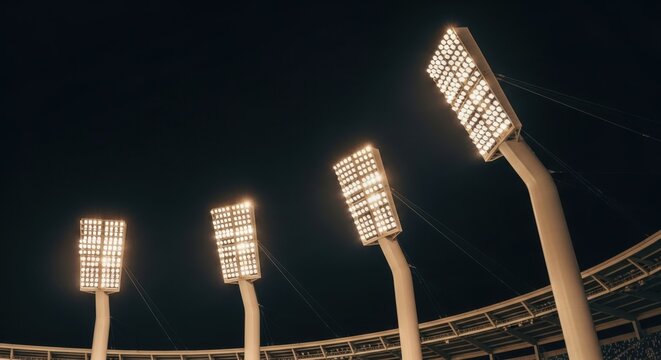 Bright floodlight towers illuminating a large professional sports stadium during a night event