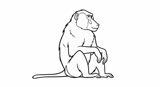 A simple black and white line drawing of a baboon sitting down