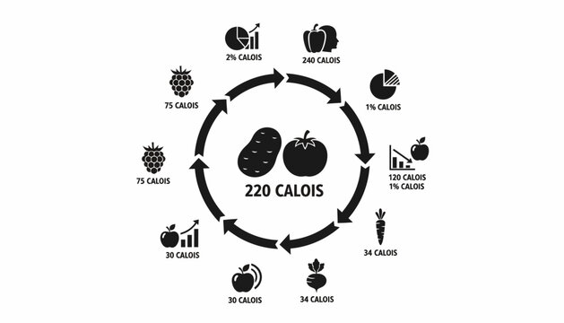 A detailed illustration of a calorie chart with various food icons and nutritional information arranged in a circular pattern around a central image of two fruits and the text 220 calories