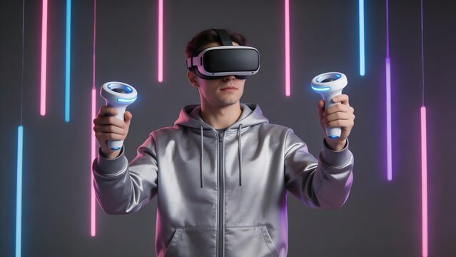 Man using VR headset and controllers