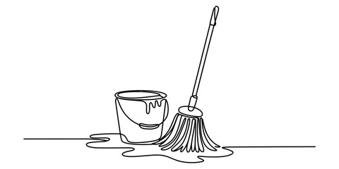 A single continuous line drawing illustration featuring a mop and a bucket for house cleaning. Vector, illustration © Rimi Kailash Arts