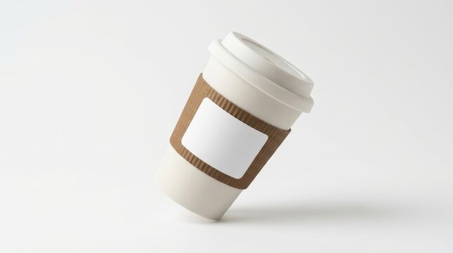 White coffee cup mockup with blank label on beige background