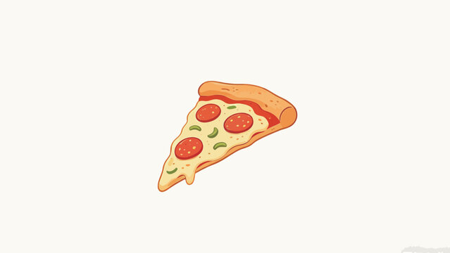 Cartoon Illustration of a Slice of Pepperoni Pizza with Melted Cheese and Green Bell Pepper, Minimal Isolated Composition on Plain Off-White Background, Warm Cozy Color Palette