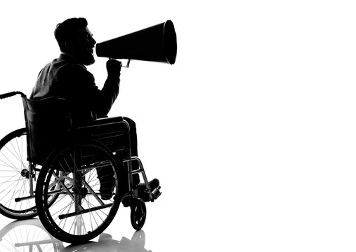 Silhouette of a man in a wheelchair holding a megaphone, advocating for disability rights and accessibility on a white background.