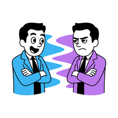 Fototapeta premium Two opposing businessmen with contrasting expressions in a flat vector illustration showing a friendly cheerful man versus an angry grumpy character with crossed arms