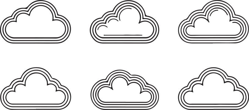 Set of six stylized cloud icons with multi layered outlines for graphic design projects isolated on transparent background, Vector, illustration