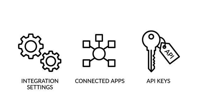 Software engineering and api integration icons set for technical settings connected applications and secure key access with software development integration settings connection technology