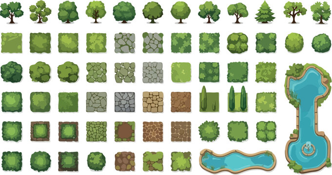 Top-down landscape design vector kit, garden map elements with trees and bushes, architectural site plan textures for park and backyard visualization