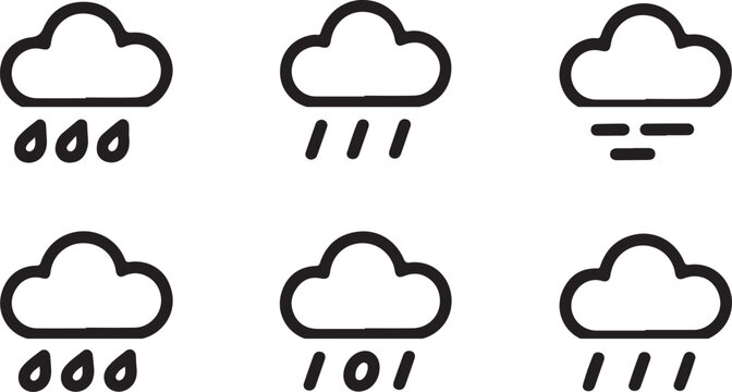 Set of minimalist black and white weather icons depicting various types of rain and clouds isolated on transparent background, Vector, illustration