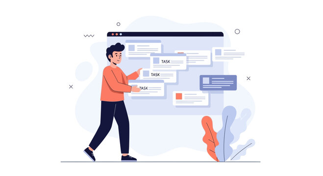 Man managing tasks on a digital board, project management, productivity concept