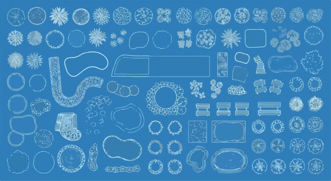 Blueprint landscape design elements, architectural site plan symbols for garden and park layout, white line vector icons on blue background