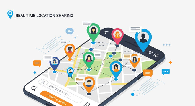 Smartphone with location sharing on screen.