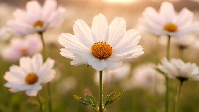 Soft white daisy blossom with golden center petal and delicate stem in meadow at sunset bokeh golden light conveying calm warmth and peaceful floral emotion