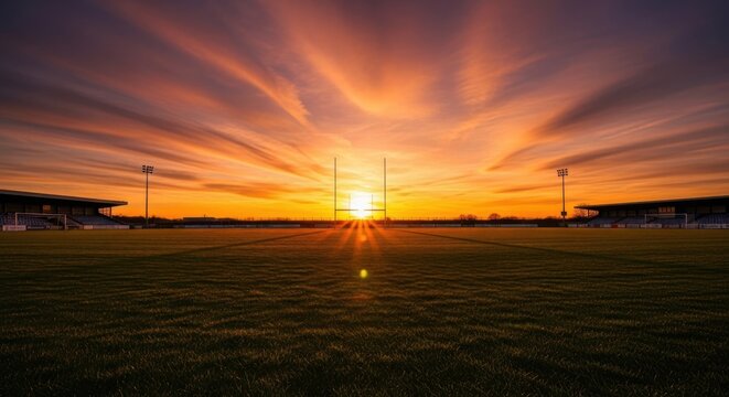 A scenic view of a rugby field at sunset with a dramatic sky and goal posts in the middle frame