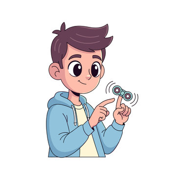 Adolescent boy spinning a fidget toy and smiling with enjoyment  