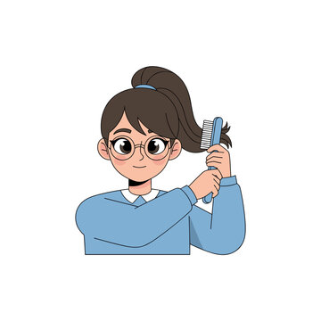Young girl brushing her hair while wearing a blue sweater. Adolescent brushing pony tail
