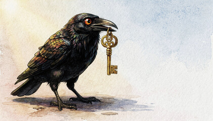 Obraz premium Intricate Watercolor Art of a Mystical Raven, Intelligent Bird Holding a Vintage Golden Key in Beak, Symbolic of Wisdom, Secret, and Discovery on a Grungy Ground