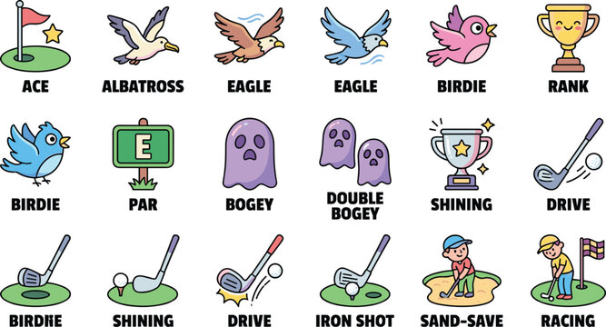Golf terminology icons set, flat design vector illustration with birdies, bogeys, and par symbols