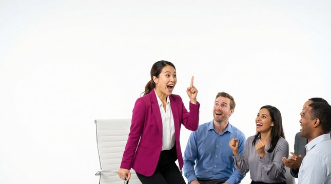 Eureka Breakthrough: Asian Businesswoman Jumping from Chair with Sudden Solution and Thrilled Team on Pure White