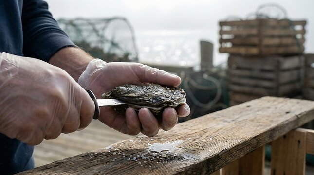 Person in Gloves Shucking Fresh Oyster with Knife on Wooden Surface
