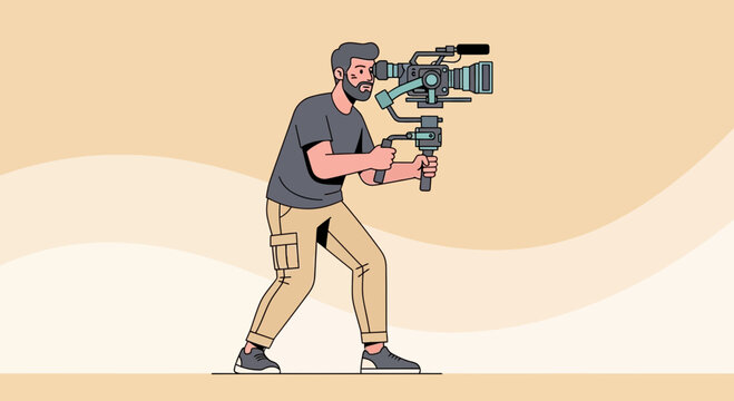 Filmmaker operating professional camera on gimbal stabilizer, capturing video footage