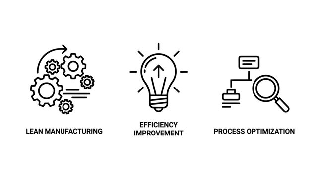 Business process optimization icons representing lean manufacturing efficiency improvement and workflow streamlining with manufacturing efficiency improvement optimization workflow business