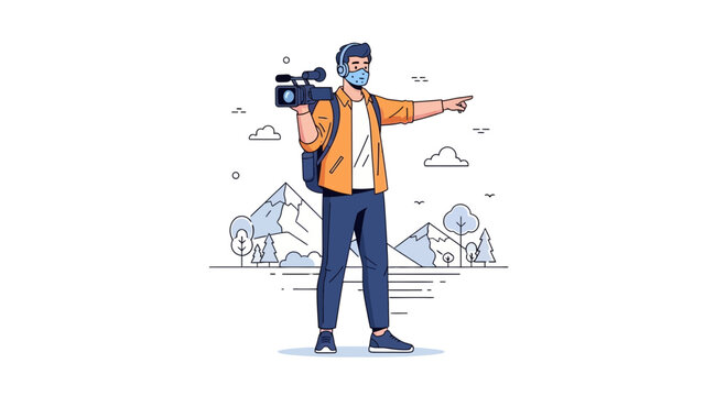 Filmmaker with Camera and Backpack Points Direction in Mountain Landscape