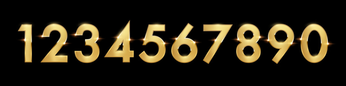 3D golden number set with metallic font design. Anniversary digits collection featuring shiny gold typography for birthday celebrations and special dates. Realistic vector illustration.