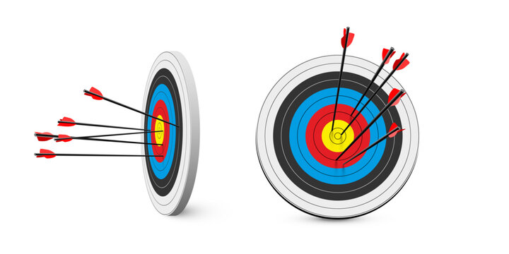 Archery target arrows set. Archery target with concentric color rings on white background, multiple arrows embedded, side and front views. Minimal realistic vector illustration.
