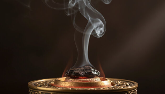 Premium dark agarwood oud chip smoldering on glowing golden charcoal