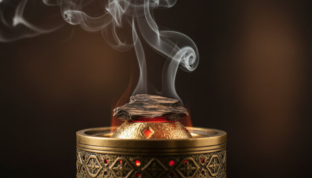 Premium dark agarwood oud chip smoldering on glowing golden charcoal