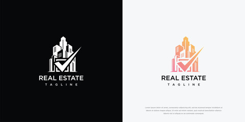Fototapeta premium Modern Real Estate Logo with Cityscape and Checkmark