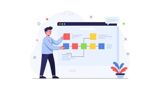 Man Arranging Blocks on Digital Flowchart, Business Process Management, Workflow