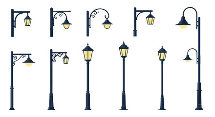 Fototapeta premium Collection of vintage street lamps and urban outdoor lanterns isolated on white background