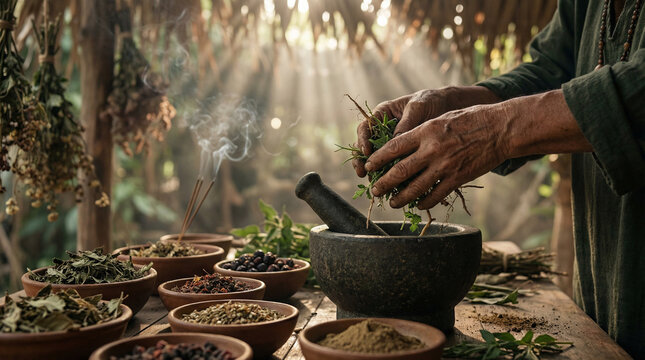 Hands preparing herbal mixture in mortar with dried plants and spices, showcasing natural medicine, ayurvedic practice, organic wellness, traditional healing and holistic health lifestyle setting