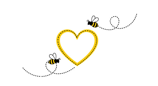 Cute bumble bees flying around a yellow heart shape