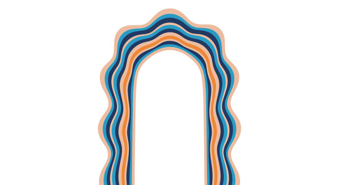 Retro wavy arch frame with psychedelic color stripes on white background