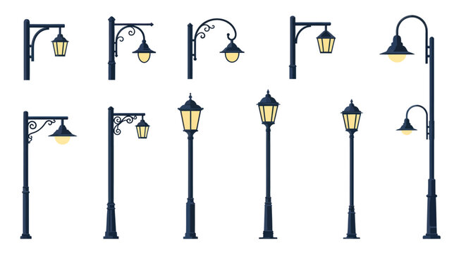Collection of vintage street lamps and urban outdoor lanterns isolated on white background