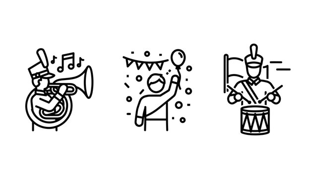 Marching band performance and celebration event icons with marching celebration musician performer festival entertainment performance confetti instrument community activity gathering